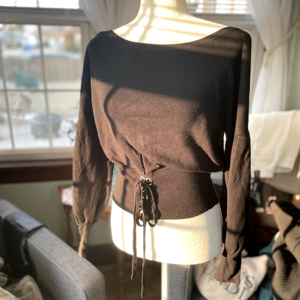 Express Balloon Sleeve Knit Sweater with Faux Lace-Up Corset Design